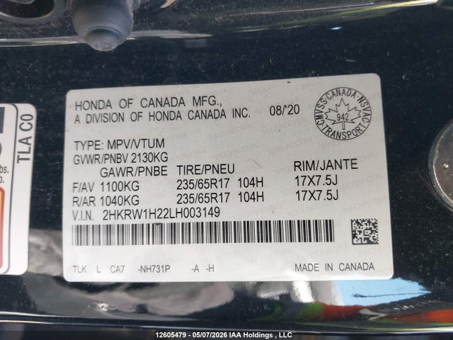 12605479 :رقم المزاد ، 2HKRW1H22LH003149 vin ، 2020 Honda Cr-v Lx مزاد بيع