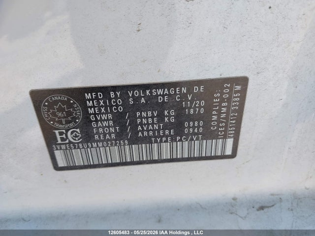 Продажа на аукционе авто 2021 Volkswagen Jetta Highline, vin: 3VWE57BU9MM027259, номер лота: 12605483