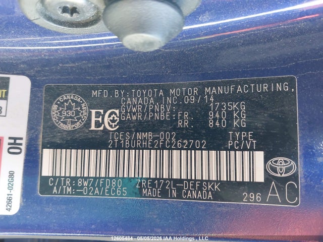 12605484 :رقم المزاد ، 2T1BURHE2FC262702 vin ، 2015 Toyota Corolla L/le/le Pls/prm/s/s Pls مزاد بيع