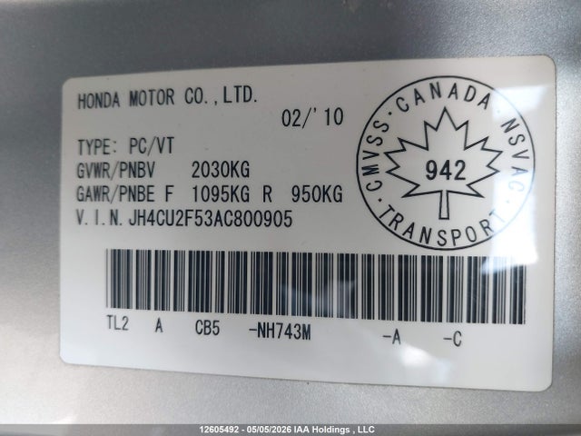 2010 Acura Tsx მანქანა იყიდება აუქციონზე, vin: JH4CU2F53AC800905, აუქციონის ნომერი: 12605492
