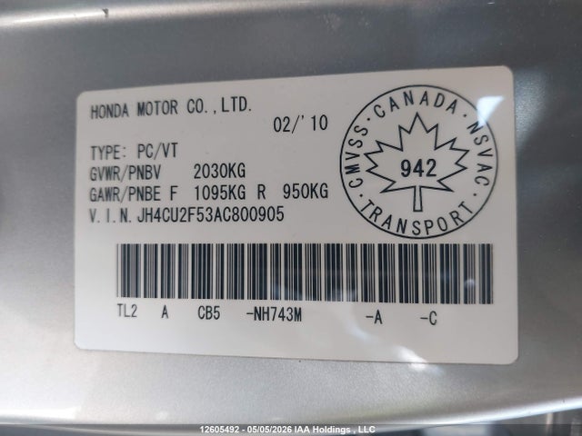 2010 Acura Tsx მანქანა იყიდება აუქციონზე, vin: JH4CU2F53AC800905, აუქციონის ნომერი: 12605492
