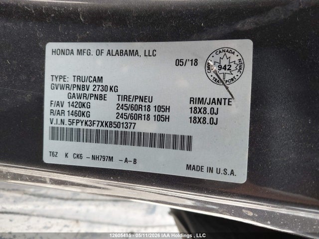 Aukcja sprzedaży 2019 Honda Ridgeline Rtl, vin: 5FPYK3F7XKB501377, numer aukcji: 12605495