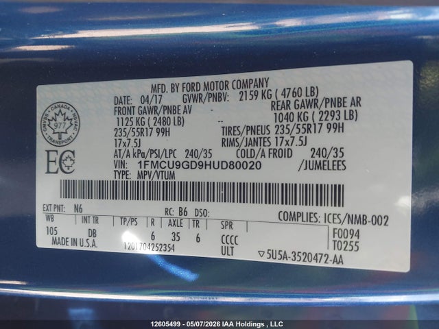 Auction sale of the 2017 Ford Escape Se, vin: 1FMCU9GD9HUD80020, lot number: 12605499