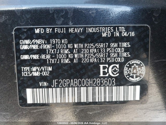 12605502 :رقم المزاد ، JF2GPABC0GH283603 vin ، 2016 Subaru Crosstrek Premium مزاد بيع