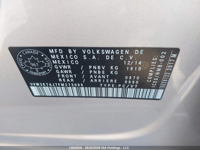 12605506 :رقم المزاد ، 3VW2K7AJ7FM273099 vin ، 2015 Volkswagen Jetta 2.0l Trendline/2.0l Trendline+ مزاد بيع