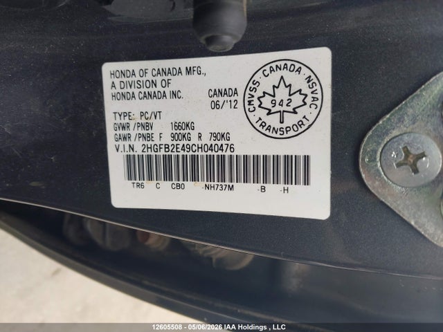 Продажа на аукционе авто 2012 Honda Civic Lx, vin: 2HGFB2E49CH040476, номер лота: 12605508