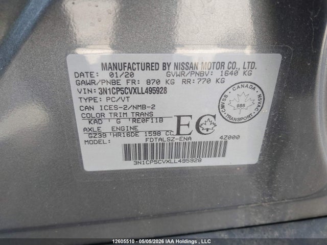 Aukcja sprzedaży 2020 Nissan Kicks Sv, vin: 3N1CP5CVXLL495928, numer aukcji: 12605510