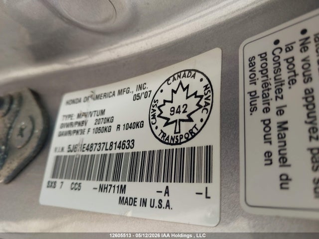12605513 :رقم المزاد ، 5J6RE48737L814633 vin ، 2007 Honda Cr-v Ex-l مزاد بيع