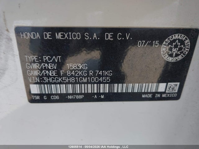 Продаж на аукціоні авто 2016 Honda Fit Ex-l Navi, vin: 3HGGK5H81GM100455, номер лоту: 12605514