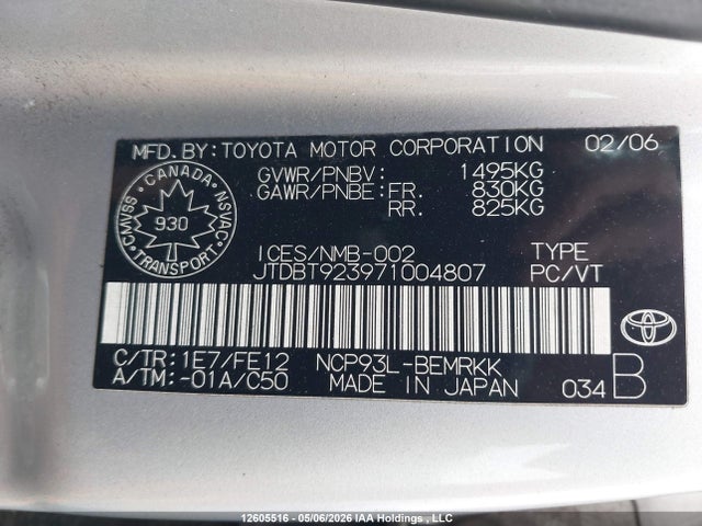 Продаж на аукціоні авто 2007 Toyota Yaris, vin: JTDBT923971004807, номер лоту: 12605516