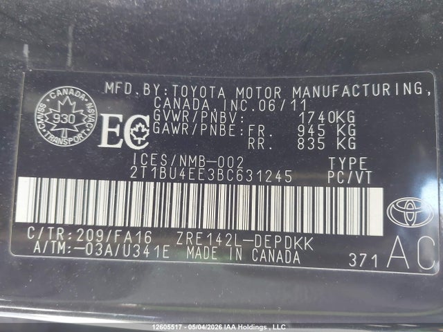 2011 Toyota Corolla S/le მანქანა იყიდება აუქციონზე, vin: 2T1BU4EE3BC631245, აუქციონის ნომერი: 12605517