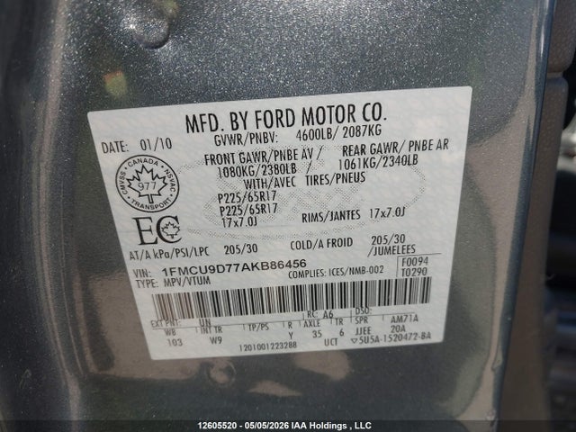 12605520 :رقم المزاد ، 1FMCU9D77AKB86456 vin ، 2010 Ford Escape Xlt مزاد بيع