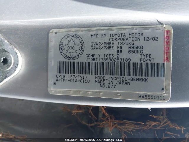 12605521 :رقم المزاد ، JTDBT123930283189 vin ، 2003 Toyota Echo مزاد بيع