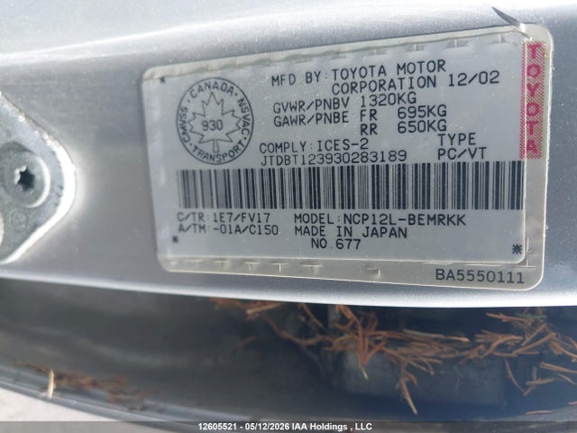 12605521 :رقم المزاد ، JTDBT123930283189 vin ، 2003 Toyota Echo مزاد بيع