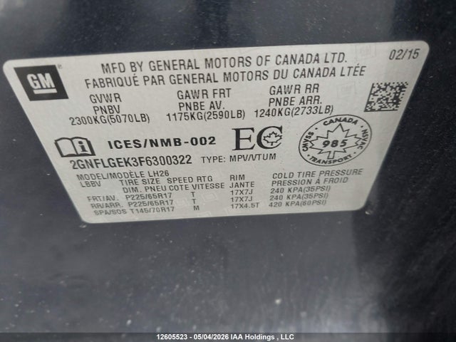 Aukcja sprzedaży 2015 Chevrolet Equinox, vin: 2GNFLGEK3F6300322, numer aukcji: 12605523