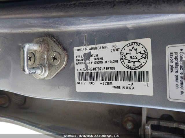 Auction sale of the 2007 Honda Cr-v Exl, vin: 5J6RE48797L816709, lot number: 12605535