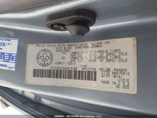 12605541 :رقم المزاد ، 5TDZA23C94S015105 vin ، 2004 Toyota Sienna Ce/le مزاد بيع