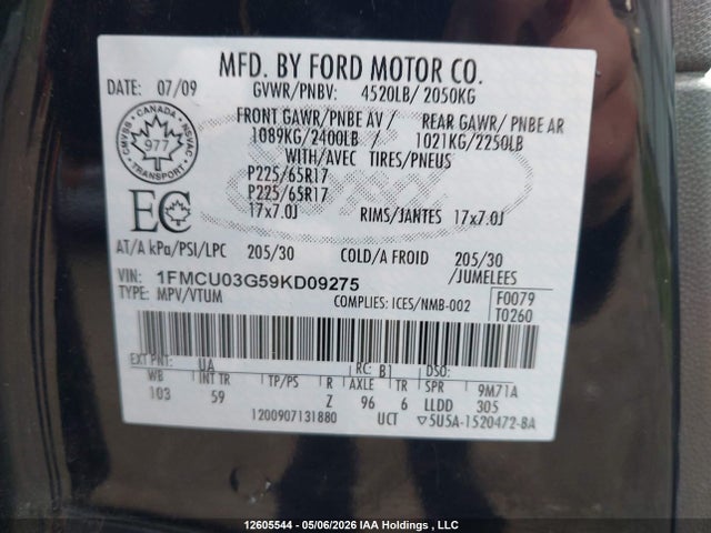 Продаж на аукціоні авто 2009 Ford Escape Xlt, vin: 1FMCU03G59KD09275, номер лоту: 12605544