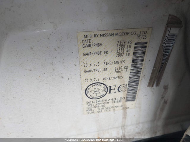 5N1AZ2MH2FN243130 Nissan Murano S/sl/sv/platinum