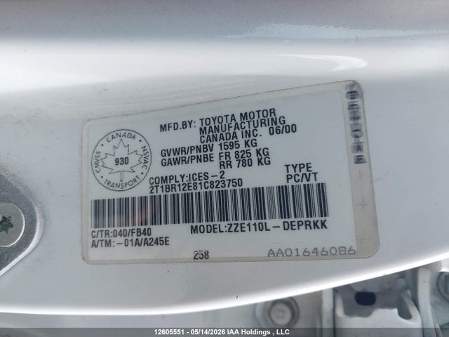 12605551 :رقم المزاد ، 2T1BR12E81C823750 vin ، 2001 Toyota Corolla Ce/le/s مزاد بيع