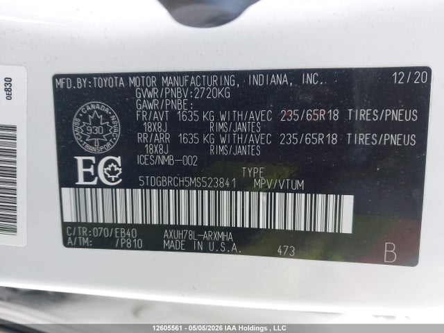 Продажа на аукционе авто 2021 Toyota Highlander Hybrid Xle, vin: 5TDGBRCH5MS523841, номер лота: 12605561