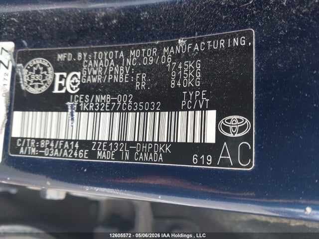 2007 Toyota Corolla Matrix Xr მანქანა იყიდება აუქციონზე, vin: 2T1KR32E77C635032, აუქციონის ნომერი: 12605572