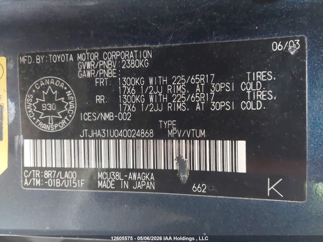 12605575 :رقم المزاد ، JTJHA31U040024868 vin ، 2004 Lexus Rx 330 مزاد بيع
