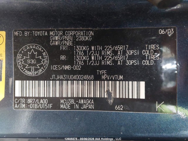 12605575 :رقم المزاد ، JTJHA31U040024868 vin ، 2004 Lexus Rx 330 مزاد بيع