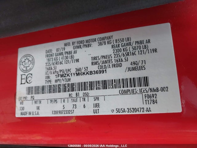 Продажа на аукционе авто 2019 Ford Transit T-150, vin: 1FMZK1YM6KKB36991, номер лота: 12605580