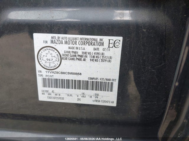 Aukcja sprzedaży 2012 Mazda 6 S, vin: 1YVHZ8CB8C5M00958, numer aukcji: 12605581