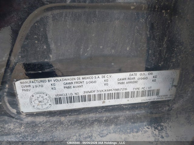 Aukcja sprzedaży 2006 Volkswagen Jetta, vin: 3VWDF31KX6M788726, numer aukcji: 12605585