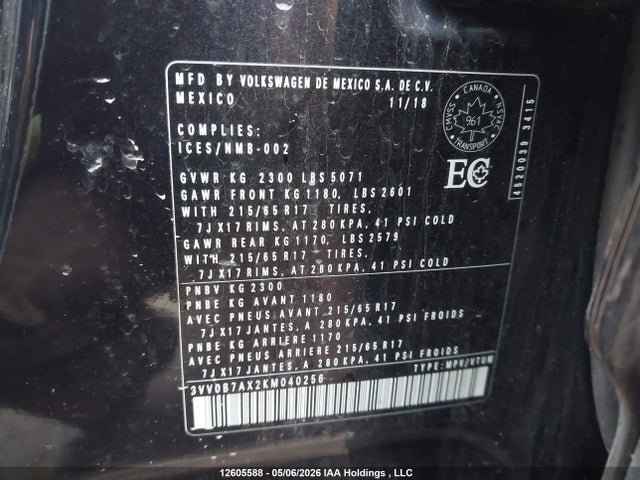 12605588 :رقم المزاد ، 3VV0B7AX2KM040256 vin ، 2019 Volkswagen Tiguan S مزاد بيع
