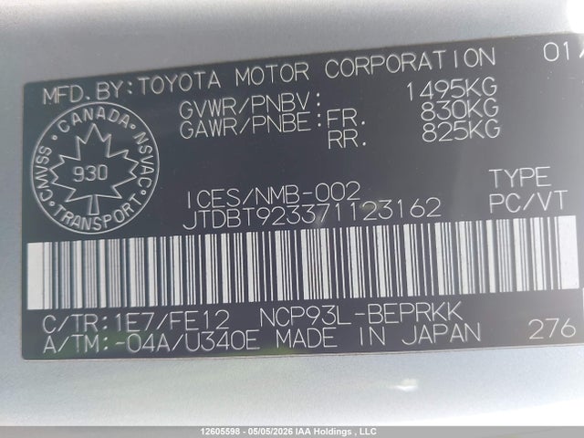 2007 Toyota Yaris მანქანა იყიდება აუქციონზე, vin: JTDBT923371123162, აუქციონის ნომერი: 12605598