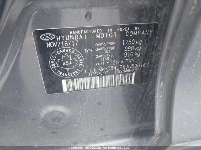 12605600 :رقم المزاد ، KMHD84LFXJU598167 vin ، 2018 Hyundai Elantra مزاد بيع
