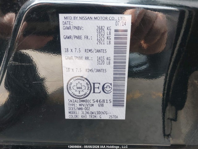 Продаж на аукціоні авто 2014 Infiniti Qx60, vin: 5N1AL0MM8EC546815, номер лоту: 12605604