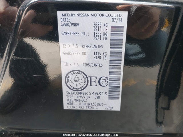 Продаж на аукціоні авто 2014 Infiniti Qx60, vin: 5N1AL0MM8EC546815, номер лоту: 12605604