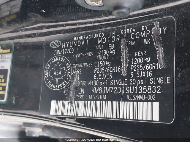 Продаж на аукціоні авто 2009 Hyundai Tucson Gl V6/limited, vin: KM8JM72D19U135832, номер лоту: 12605616
