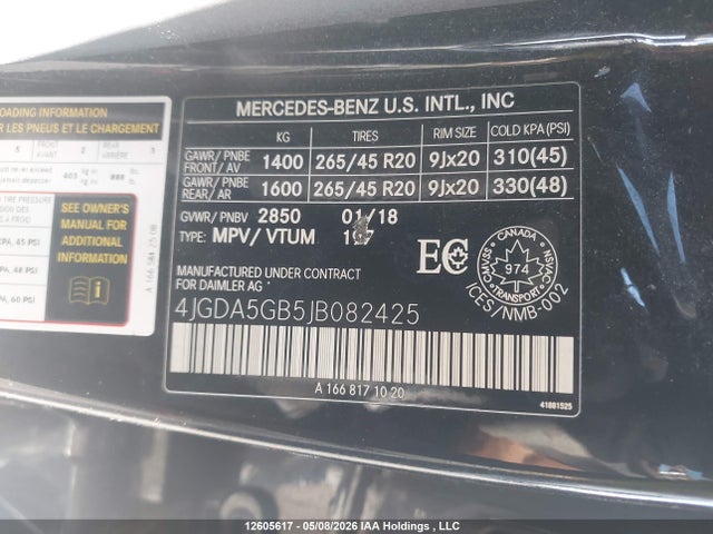 2018 Mercedes-benz Gle 400 4matic მანქანა იყიდება აუქციონზე, vin: 4JGDA5GB5JB082425, აუქციონის ნომერი: 12605617