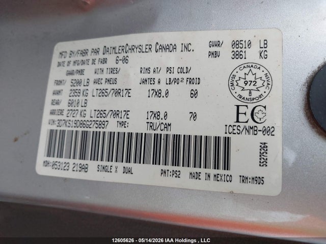 12605626 :رقم المزاد ، 3D7KS19D86G275897 vin ، 2006 Dodge Ram 1500 مزاد بيع
