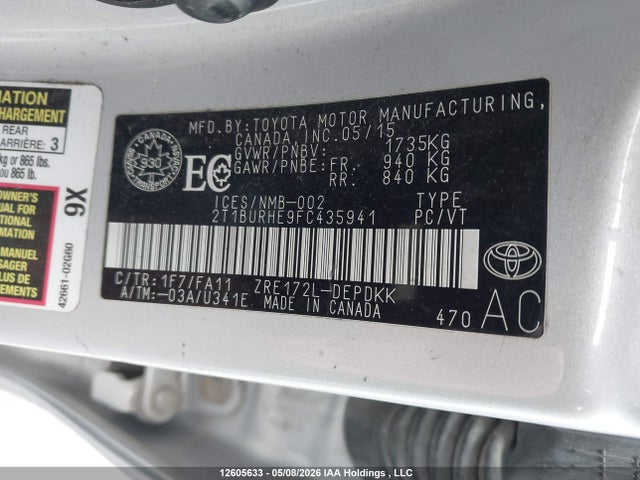 Продаж на аукціоні авто 2015 Toyota Corolla Ce, vin: 2T1BURHE9FC435941, номер лоту: 12605633