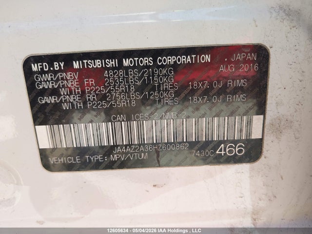12605634 :رقم المزاد ، JA4AZ2A36HZ600862 vin ، 2017 Mitsubishi Outlander Es مزاد بيع