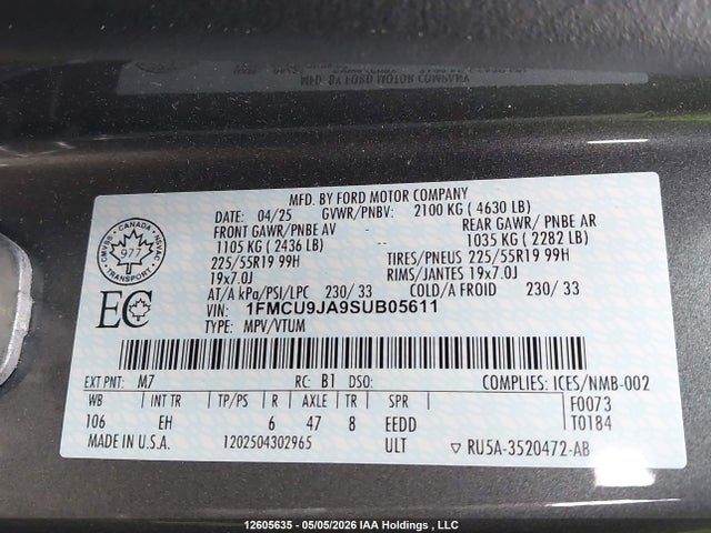 Aukcja sprzedaży 2025 Ford Escape Platinum, vin: 1FMCU9JA9SUB05611, numer aukcji: 12605635