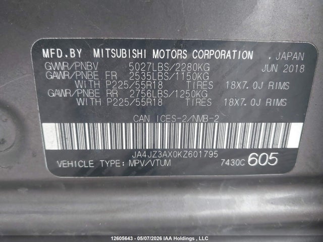 12605643 :رقم المزاد ، JA4JZ3AX0KZ601795 vin ، 2019 Mitsubishi Outlander Se/sel/le مزاد بيع