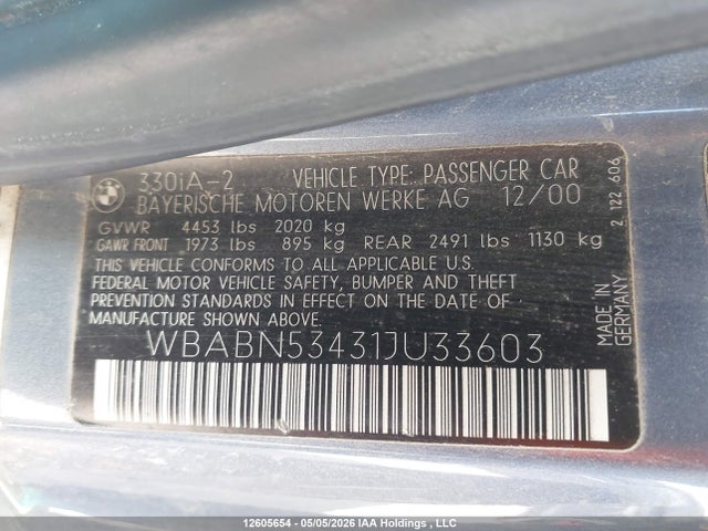 Продажа на аукционе авто 2001 Bmw 330ci, vin: WBABN53431JU33603, номер лота: 12605654
