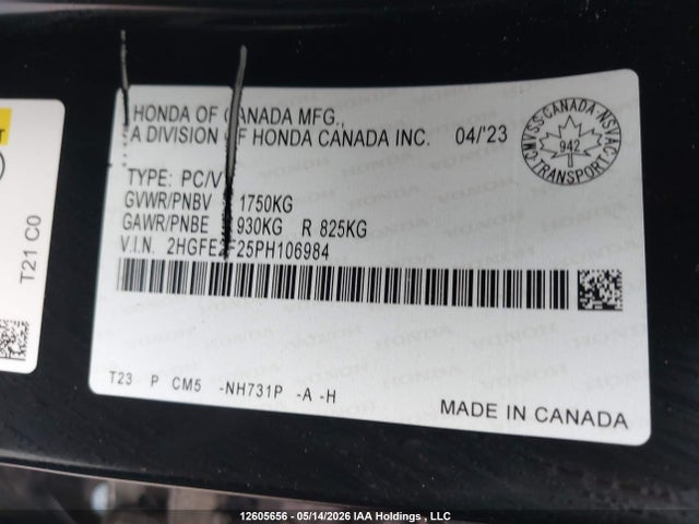 2023 Honda Civic მანქანა იყიდება აუქციონზე, vin: 2HGFE2F25PH106984, აუქციონის ნომერი: 12605656