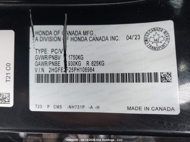 2023 Honda Civic მანქანა იყიდება აუქციონზე, vin: 2HGFE2F25PH106984, აუქციონის ნომერი: 12605656