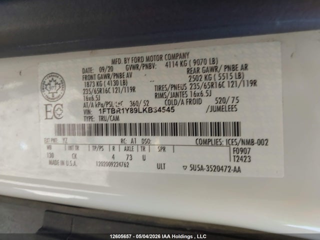 Ford Transit T-250 2020 1FTBR1Y89LKB34545 Image 9