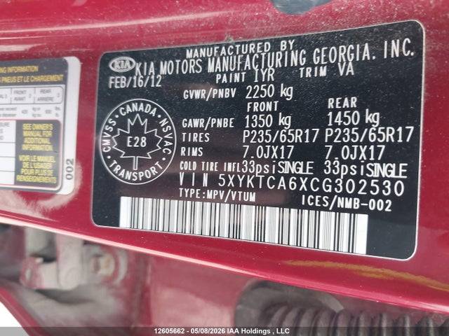 Aukcja sprzedaży 2012 Kia Sorento Lx, vin: 5XYKTCA6XCG302530, numer aukcji: 12605662