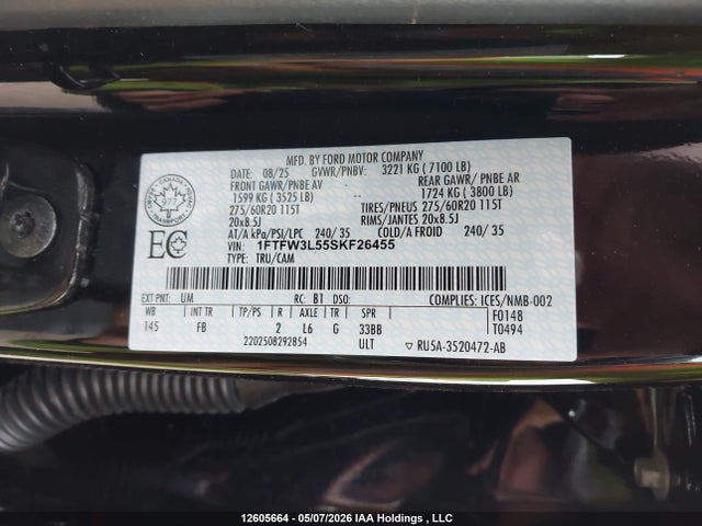 2025 Ford F-150 Xlt მანქანა იყიდება აუქციონზე, vin: 1FTFW3L55SKF26455, აუქციონის ნომერი: 12605664