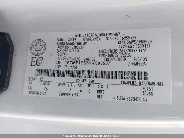 Auction sale of the 2019 Ford F150, vin: 1FTMF1E57KKC93557, lot number: 12605674